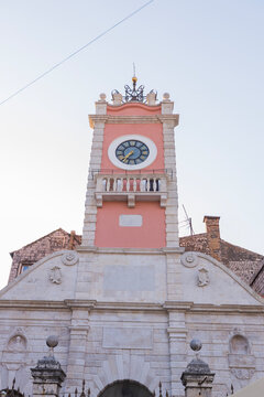 Historic city guard clock tower low angle view in Zadar, Croatia