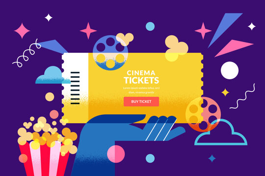 Cinema ticket banner with hand holding ticket, popcorn and movie reels. Vector design for movie poster, film festival