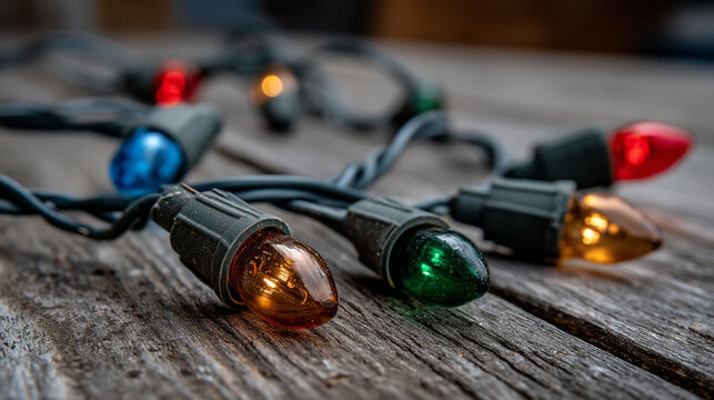 Multicolor christmas string lights on rustic wooden surface with decorations, lighting