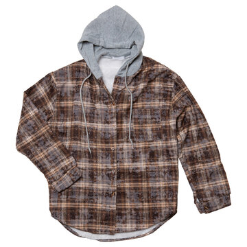 Men brown check flannel hooded shirt isolated on white background. Warm fleece lined plaid shacket jacket with grey hood in top view flat lay