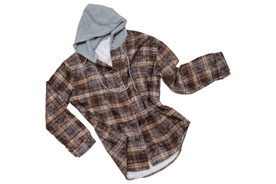 Open brown check hooded flannel shirt with soft fleece lining isolated on white background. Flying flat lay of warm casual plaid shacket