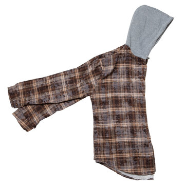 Men brown plaid hooded flannel shirt folded sleeves isolated on white background. Casual warm check jacket with grey hood top view