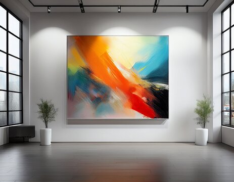 a modern and abstract painting hanging on the white wall of the art exhibition hall generative ai