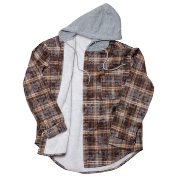 Unbuttoned brown plaid hooded flannel shirt showing white fleece lining isolated on white background. Casual warm check shacket jacket flat lay