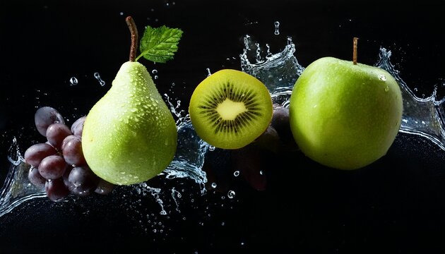 fresh green apple grape kiwi and pear with water splash organic fruit healthy food refreshing natural juicy vibrant