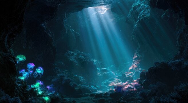 Sunbeams illuminate a dark, rocky underwater cave with glowing flora