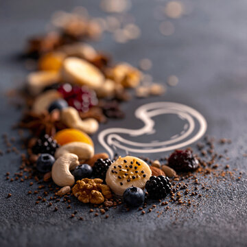 Conceptual image of stomach health with fresh berries and nuts digestion nutrition
