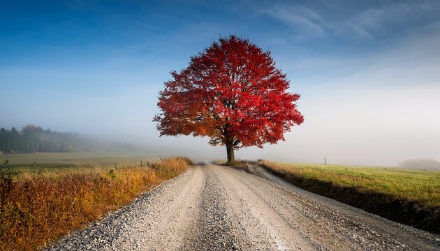 solitary red tree stands at end of gravel road on foggy day in rural landscape perspective view