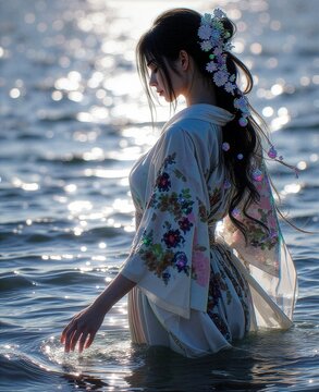 水面に輝く光と着物姿の幻想的な女性