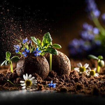 Small seedling sprouts emerging from dark moist soil with seedling, germination