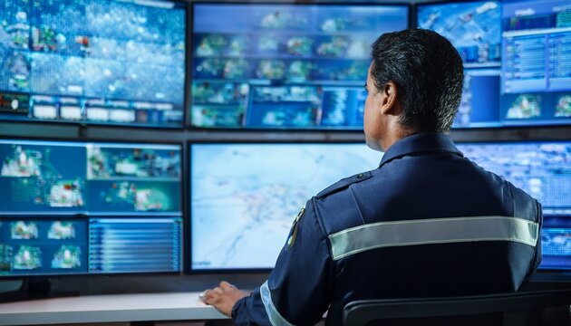 security guard monitors multiple surveillance camera feeds on large screens in a control room