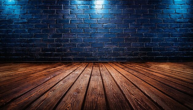 illuminated dark painted brick wall meets rustic wooden floor in low angle shot