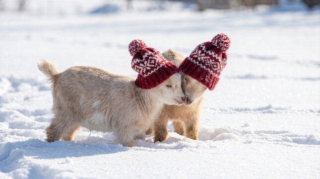 Two cream baby goats touching foreheads in matching red patterned hats on bright snow. Lunar Year of the Goat 2027 love concept