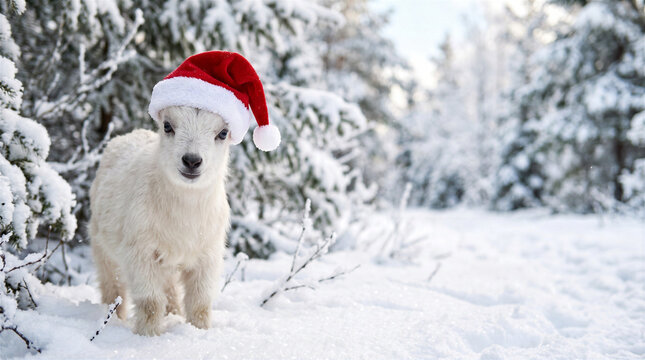 White baby goat wearing a red festive hat in a snowy forest. Lunar Year of the Goat 2027 winter greeting background with copy space