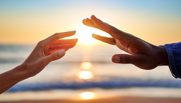 close up of two diverse hands reaching out to each other in a gesture of support and connection on a sunny beach