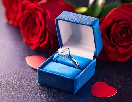 diamond ring in blue box with red rose and heart lights