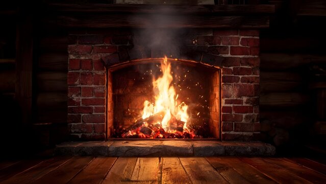 Cozy Cabin Fireplace Burning with Warm Glowing Flames. Rustic Winter Interior, Wood Fire Heating, Hygge Comfort and Relaxing Mountain Lodge Atmosphere
