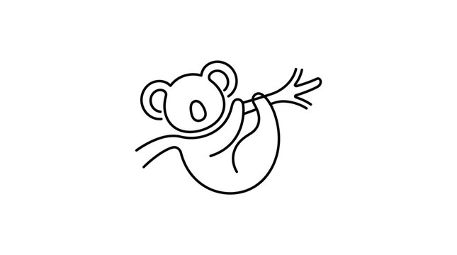 Minimalist line art koala hanging on branch, simple outline doodle, cute animal illustration