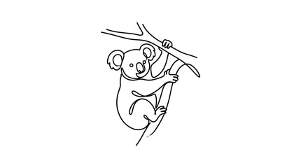 Minimalist continuous line drawing of a cute koala clinging to a tree branch, simple sketch. © Mas100aja