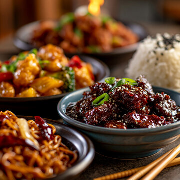 Assorted chinese cuisine bowls with fried rice and stir-fried meats, stir fry