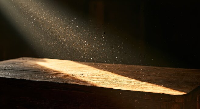 Sunbeam illuminates dust motes dancing above a rough, weathered wooden surface