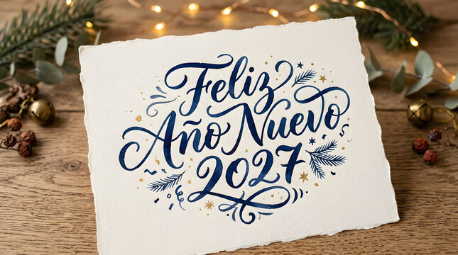 Dark blue calligraphy feliz ano nuevo 2027 on rustic paper with new year
