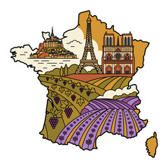 Naklejka premium France map showing landmarks, vineyards, and lavender fields