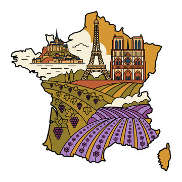 France map showing landmarks, vineyards, and lavender fields