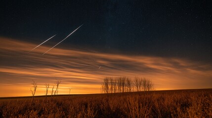 Obraz premium Streaks of light cross a warm, cloud-filled sky over a field