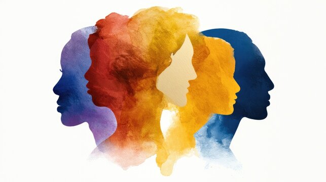 Colorful watercolor profiles of diverse individuals layered together with a central light silhouette