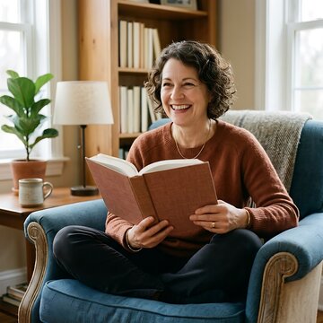 Smiling woman reading book in cozy living room.