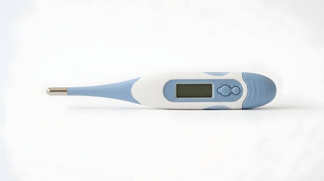 Digital thermometer with blue and white design displaying temperature reading