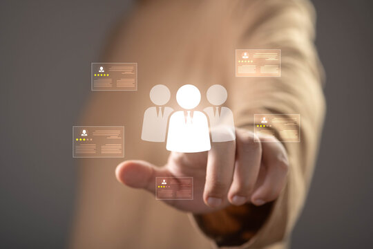 Human resources recruitment and talent management concept with candidate profiles, employee evaluation, performance reviews, workforce selection, team building, and hiring decision process.