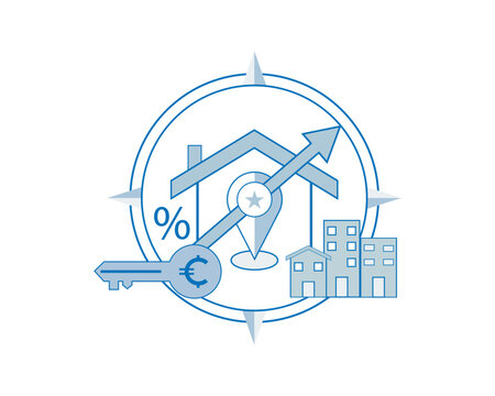 Vector Real Estate Market Growth and Investment Concept with Compass House Key Euro Symbol and Location Pin