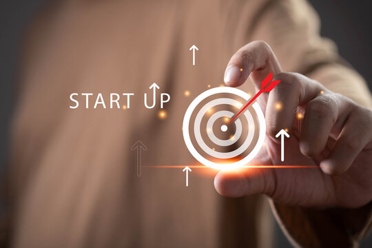 Startup business strategy and goal achievement concept with target icon and growth arrows. Entrepreneurship, business planning, market success, strategic objectives and company growth.