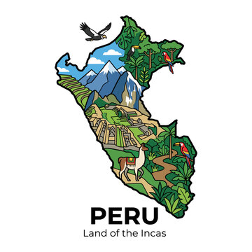 Peru country map featuring Inca ruins Andes mountains wildlife