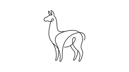 Minimalist continuous line drawing of a llama standing, black outline on white background. © Palyerff