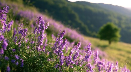 Fototapeta premium Serene hillside meadow filled with blooming purple wildflowers under soft sunlight