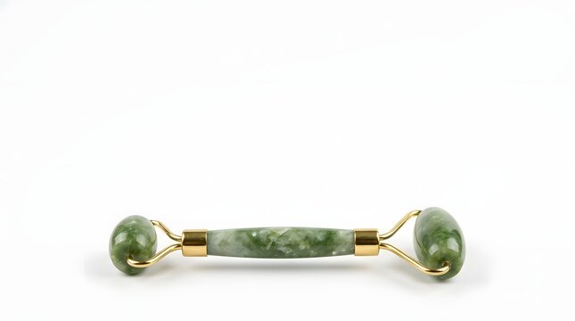 Jade roller massage tool with green stone and gold handles