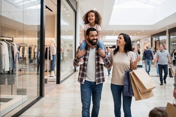 Obraz premium Happy family walking through a shopping mall with colorful shopping bags, enjoying retail, weekend shopping, and quality time together in a modern lifestyle setting