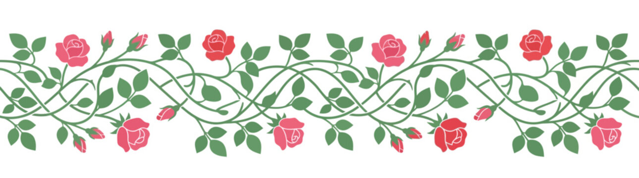Seamless Rose Vine Border - Red and Pink Flowers, Green Leaves, Elegant Design