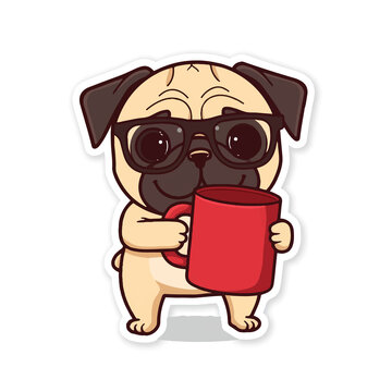 Cute cartoon pug wearing glasses and holding a big red coffee mug sticker design illustration