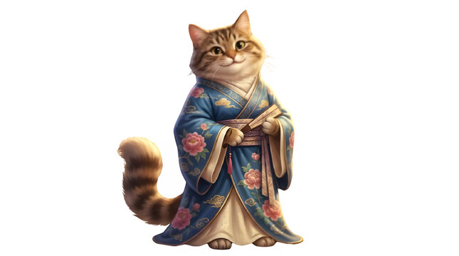 Charming tabby cat wearing a blue traditional Chinese hanfu robe holding a folding fan isolated on white background, AI generated