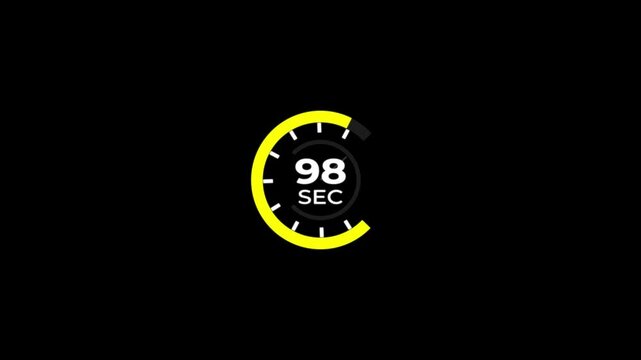 98 Min clock icon animation.Analog clock timer 98 sec countdown icon with circle loop animation on black background and alpha channel motion graphic.