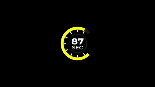 87 Min clock icon animation.Analog clock timer 87 sec countdown icon with circle loop animation on black background and alpha channel motion graphic.