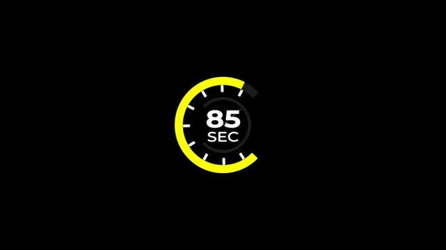 85 Min clock icon animation.Analog clock timer 85 sec countdown icon with circle loop animation on black background and alpha channel motion graphic.