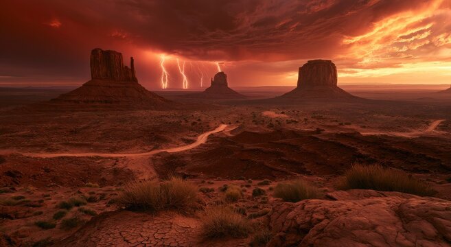 Dramatic desert storm with lightning illuminating rock formations at dusk