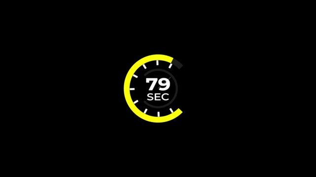 79 Min clock icon animation.Analog clock timer 79 sec countdown icon with circle loop animation on black background and alpha channel motion graphic.