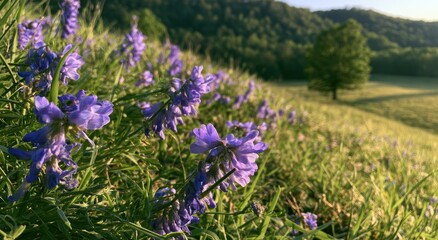 Obraz premium Delicate purple blossoms adorn a sun-drenched meadow with a lone tree on the horizon