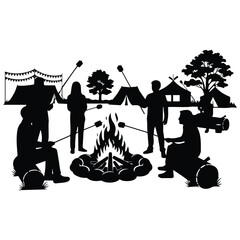 Obraz premium People around campfire roasting marshmallows with tents and trees silhouette vector illustration.